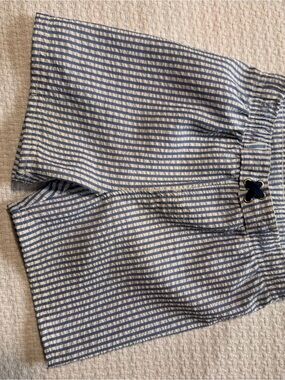 Boys Blue and White Striped Swim Trunks with Drawstring